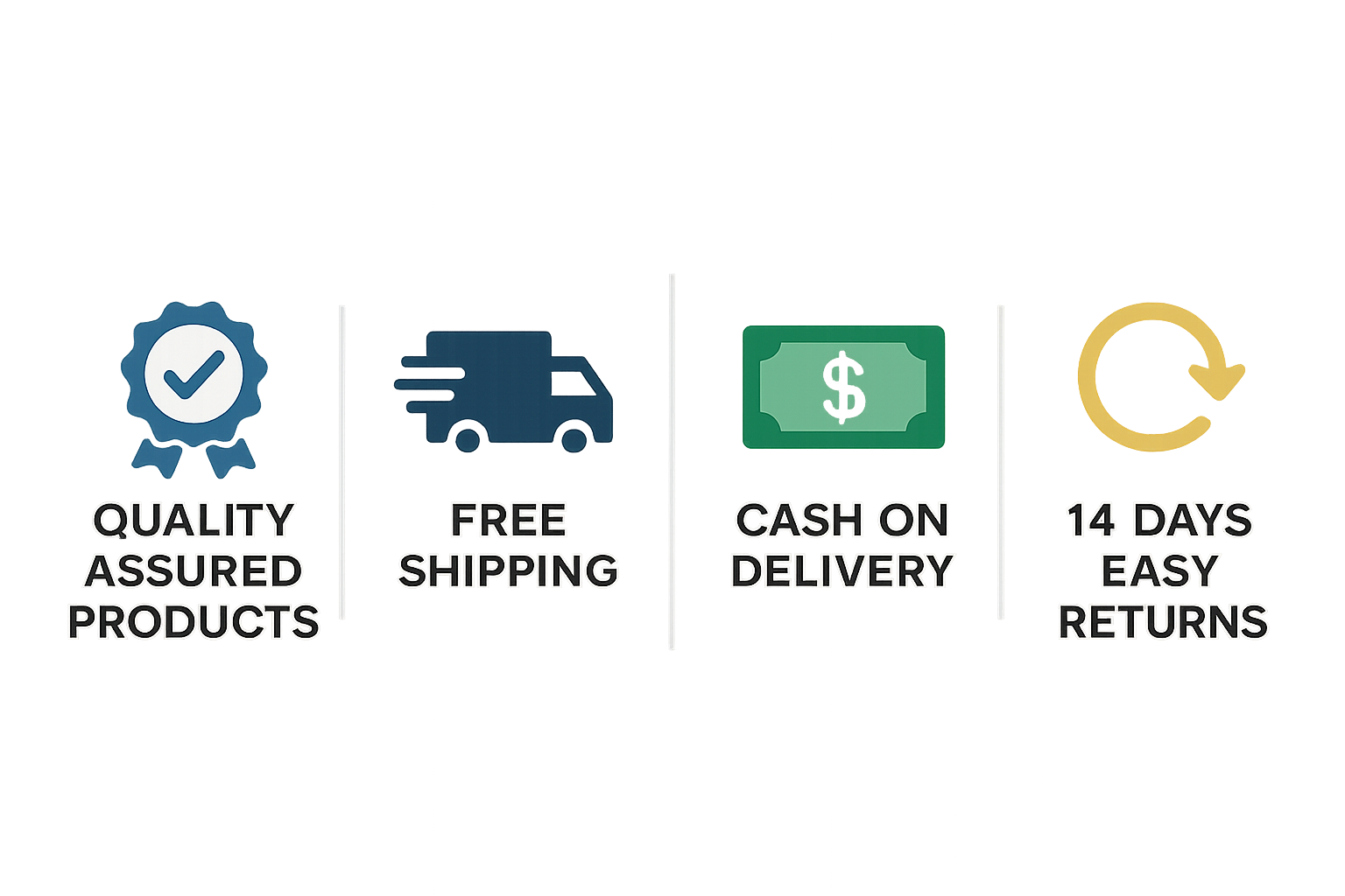 Design one image which I can use it as trust badges, include these things in the image, "Quality Assured Products", "Free Shipping", "Cash On Delivery", "14 Days Easy Returns". create in the appropriate dimension.